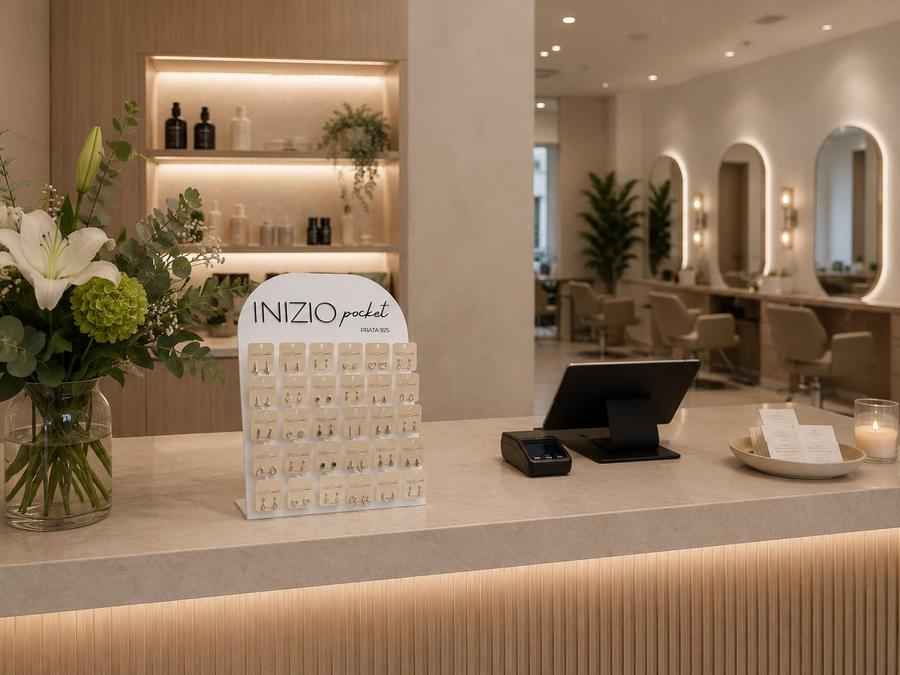 Mostruário Inizio Pocket sobre o balcão de recepção de um salão de beleza